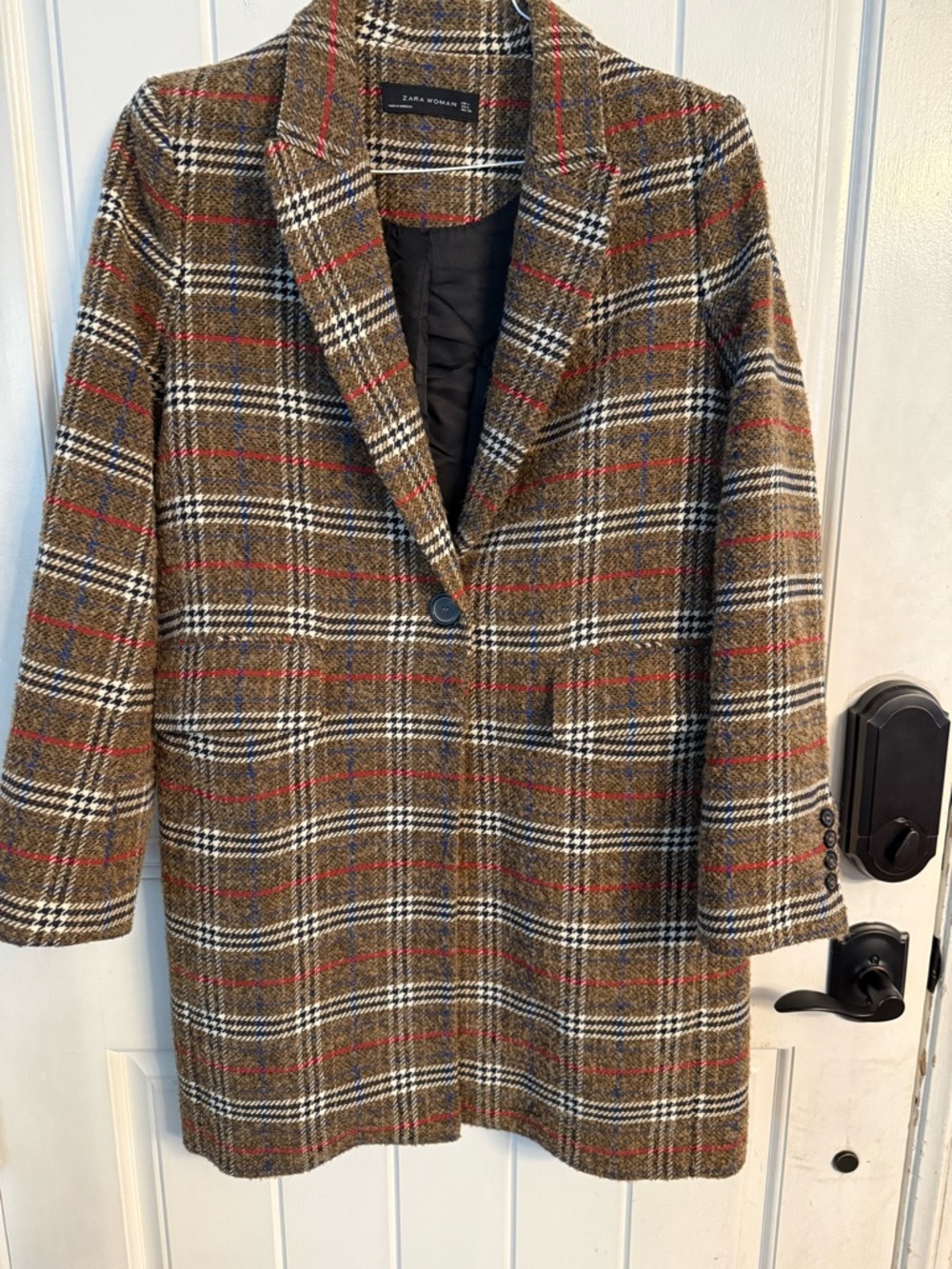 Zara Plaid Check Brown Tweed Wool Car Coat